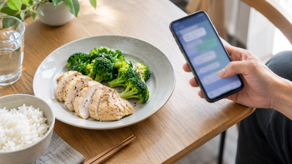 食事とスマートフォンを並べた、ChatGPTでダイエット管理をするイメージ